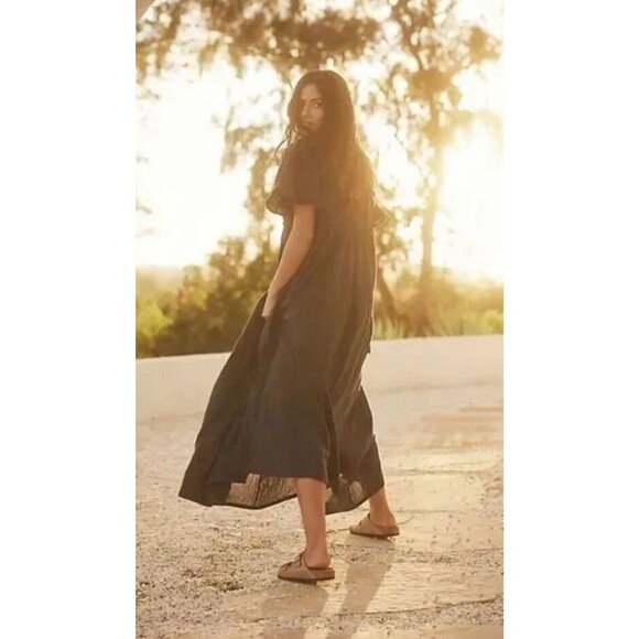 Free People La Vie Maxi Dress Tie Side Ruffle Cotton Romantic Black XS Oversized - Picture 2 of 11